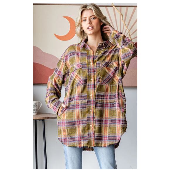 Oli & Hali Plaid Cotton Button-Up Shirt Jacket MT1683 - Orange/Blue M - Picture 10 of 10